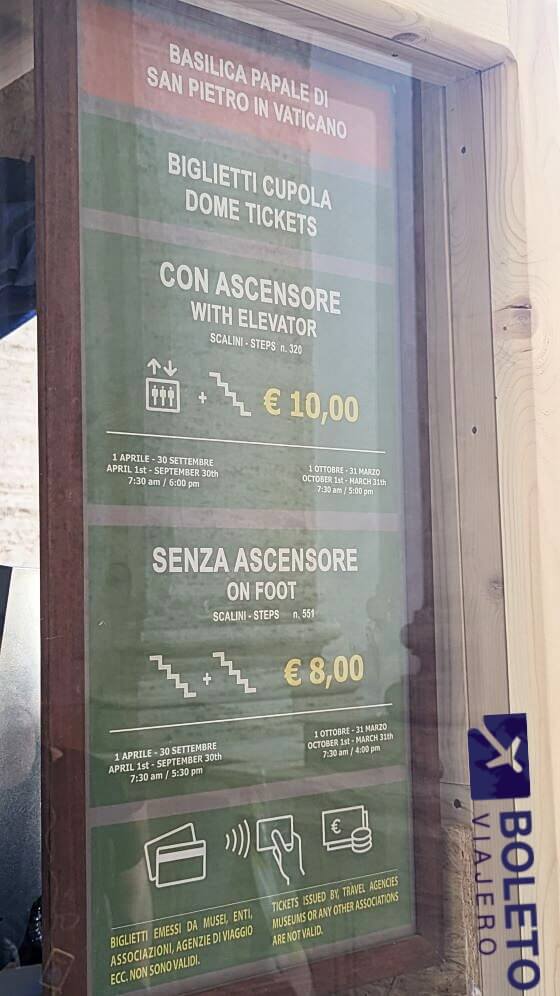 Precios de la entrada para la cúpula de San Pedro en el Vaticano