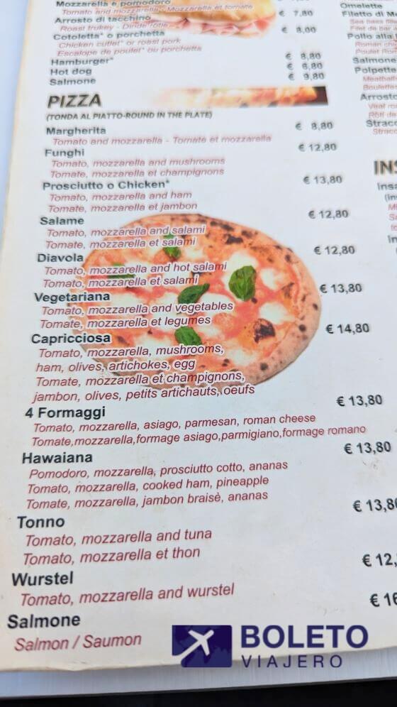 menu de las pizzas de un restaurante fuera del Vaticano