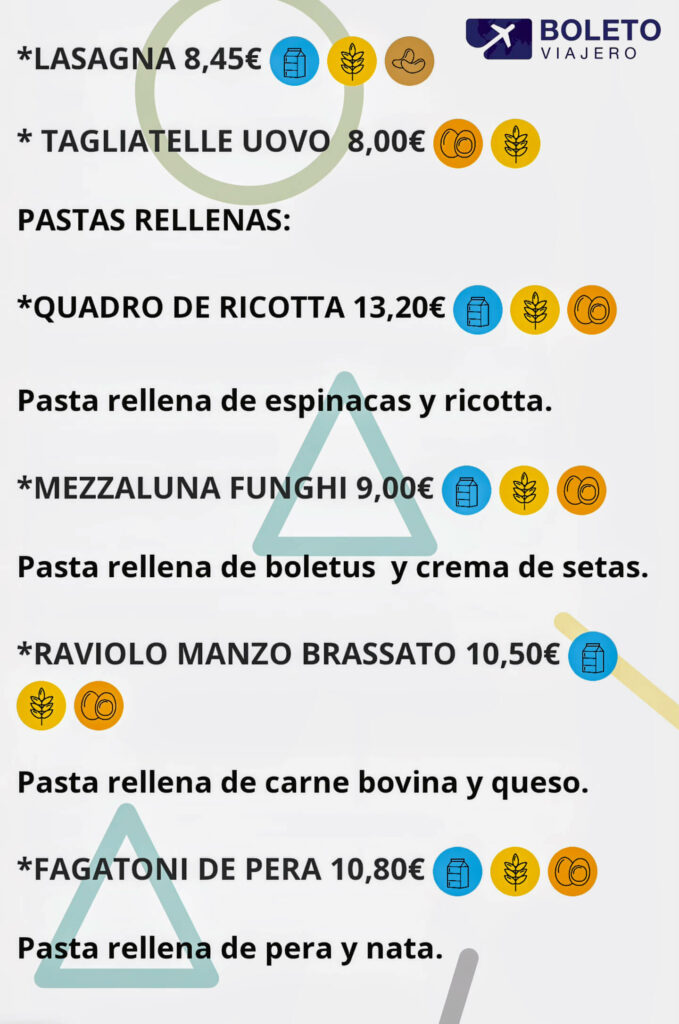 Menú de pastas en el restaurante Capisci